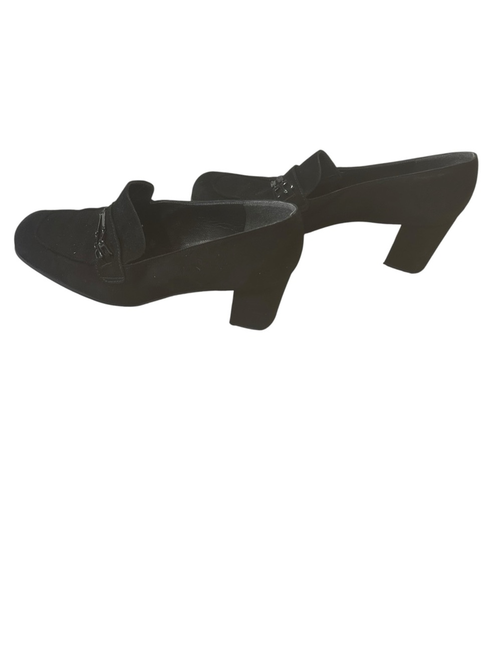 Stuart Weitzman Black Suede Loafer 9.5 B Chain Block Heel dark academia office - Picture 3 of 16